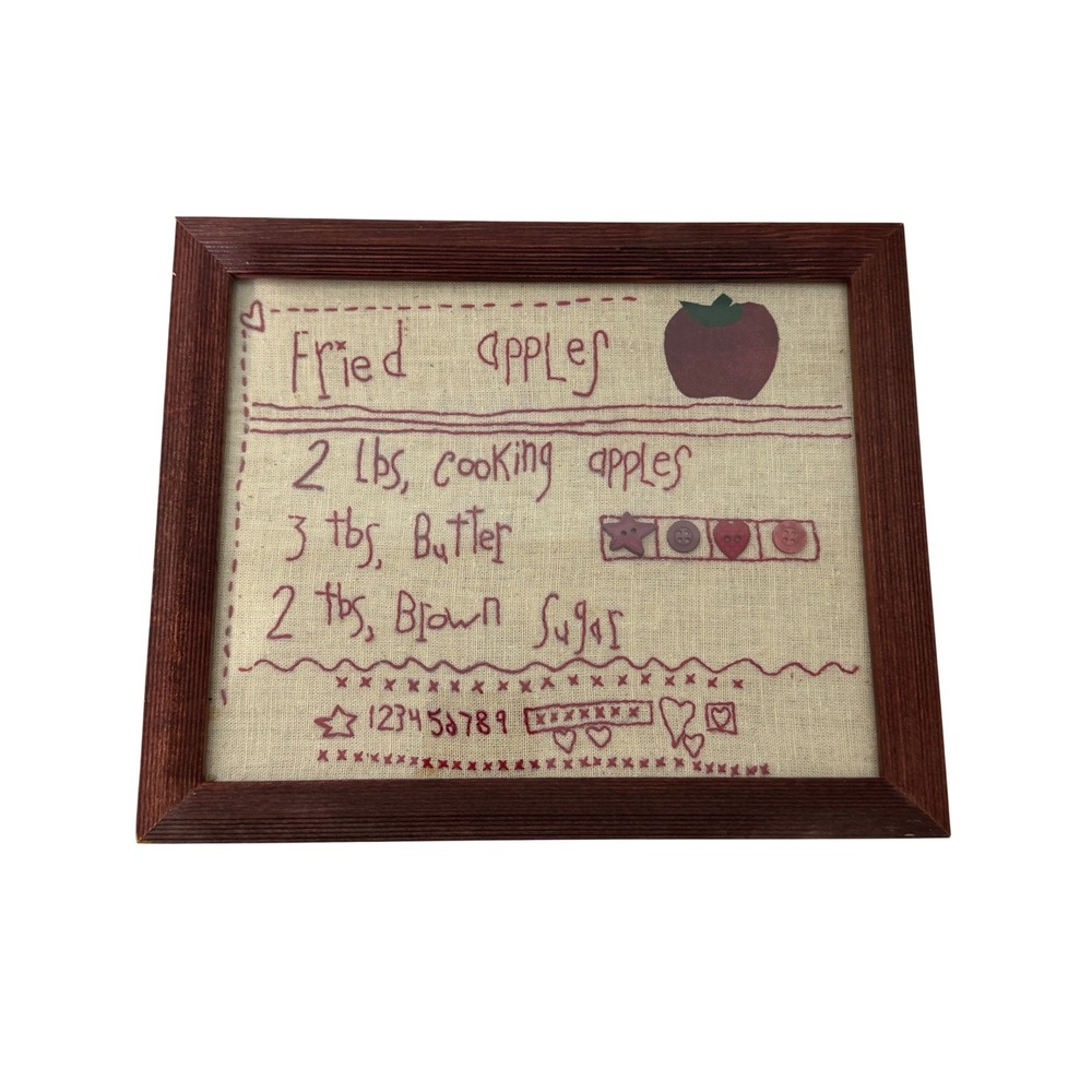 Vintage  Embroidery Sampler Home Decor OS Brown Fried Apples Recipe Framed Art